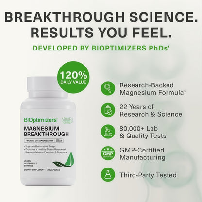 BIOptimizers Magnesium Breakthrough 500mg, 7 Forms of Magnesium 30 Capsules Glycinate, Malate, Citrate & More for Restful Sleep, Stress Resilience & Muscle Recovery